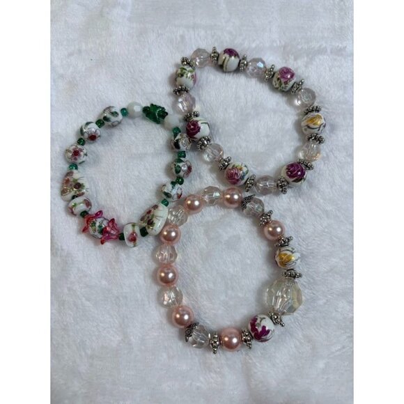 Vintage Painted Ceramic Cloisonne Glass Beaded Stretch Bracelets - Set of 3 - Picture 8 of 8